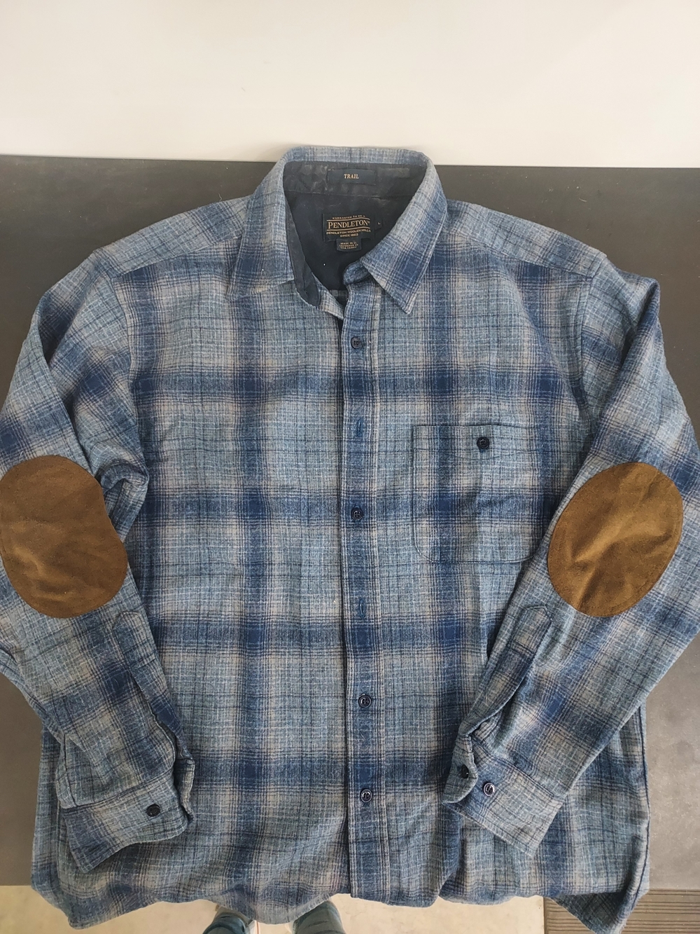 Pendleton Wool Blue Plaid Shirt with Brown Elbow Patches